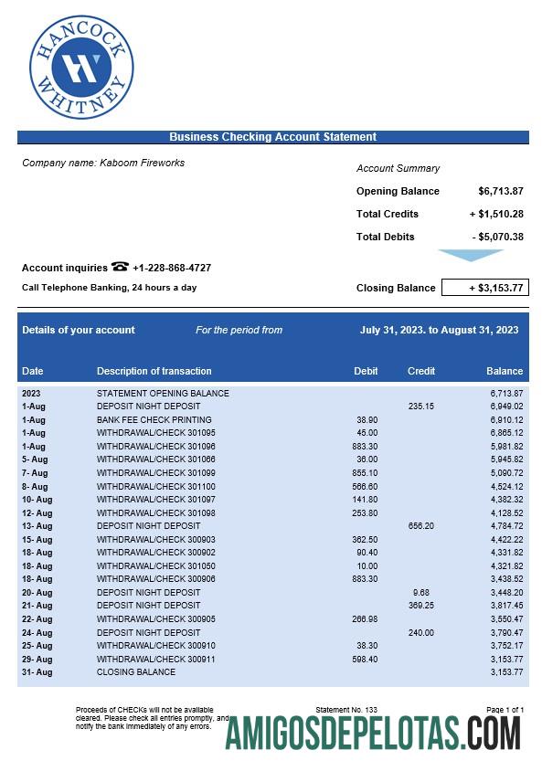 Baixável Hancock Whitney Bank Business Checking modelo de extrato de conta Word e PDF